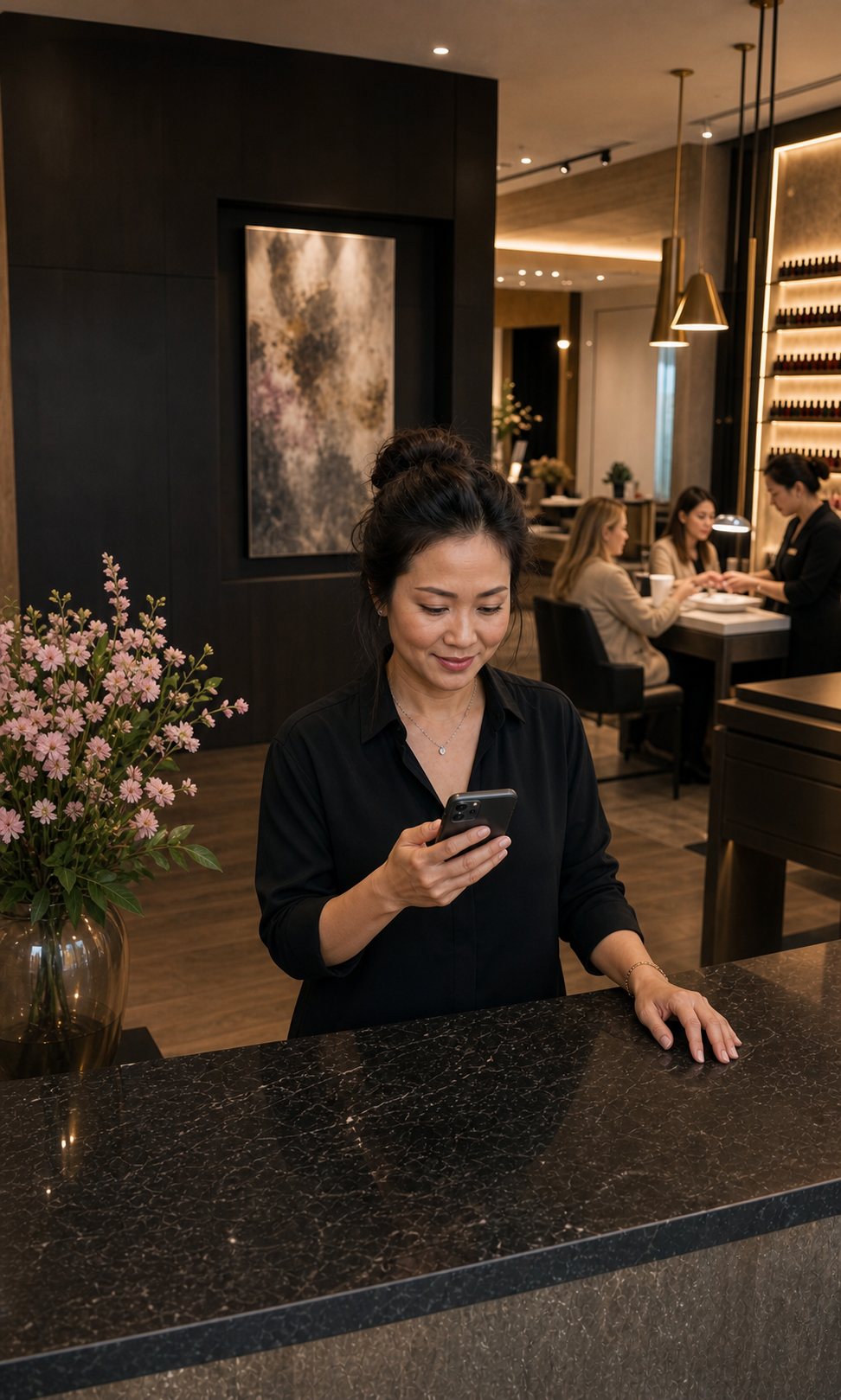Chủ tiệm nail đứng ở quầy, xem doanh thu trong app Lytchie trên điện thoại.